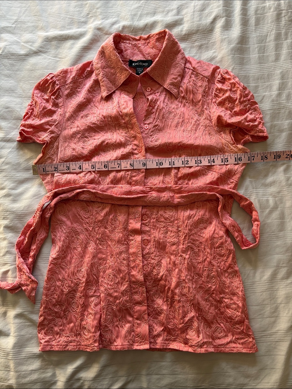 bebe pink Coral Textured Short-Sleeve Button Front Top with Waist Tie